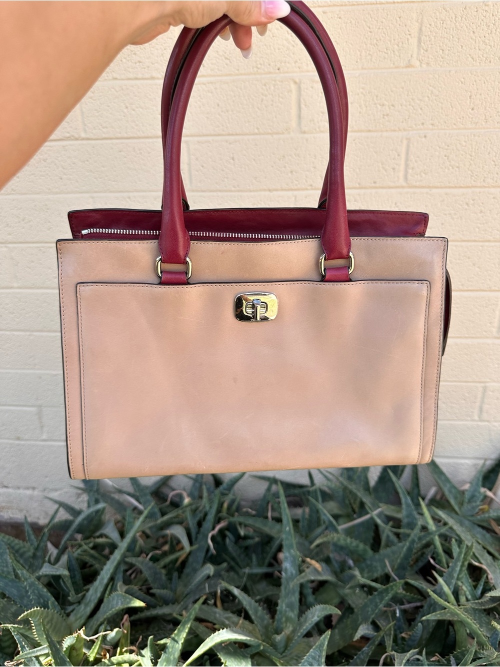 Leather Two-Tone Tote Bag - Beige and Burgundy tote